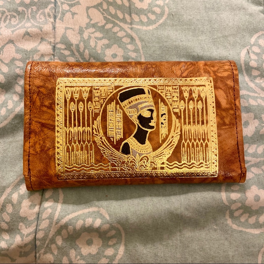 Brown Leather Clutch with Gold Egyptian Design